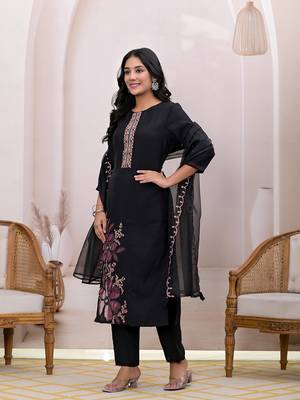  black embroidered silk blend straight kurta dupatta set 2
