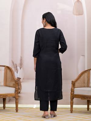  black embroidered silk blend straight kurta dupatta set 3