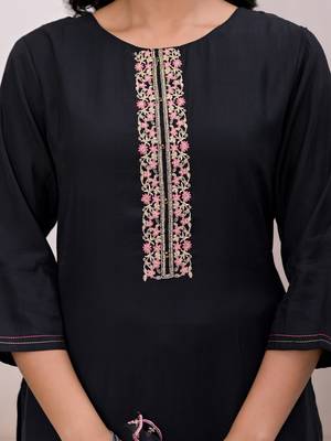  black embroidered silk blend straight kurta dupatta set 4