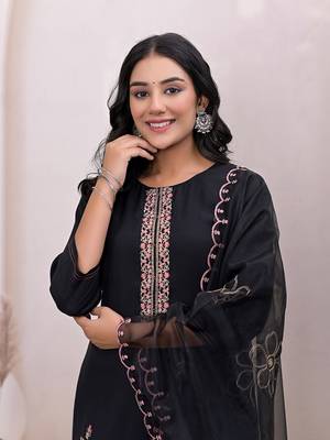  black embroidered silk blend straight kurta dupatta set 5