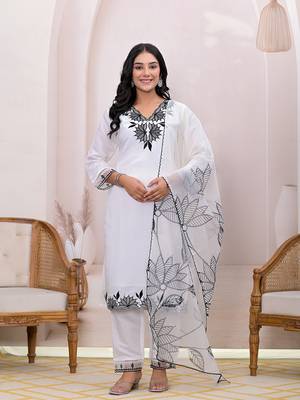  white embroidered silk blend straight kurta dupatta set 1