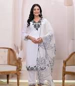  white embroidered silk blend straight kurta dupatta set