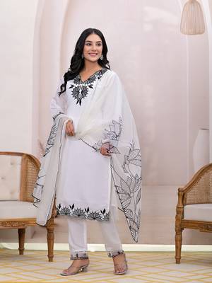  white embroidered silk blend straight kurta dupatta set 2