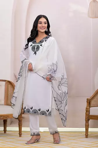  white embroidered silk blend straight kurta dupatta set