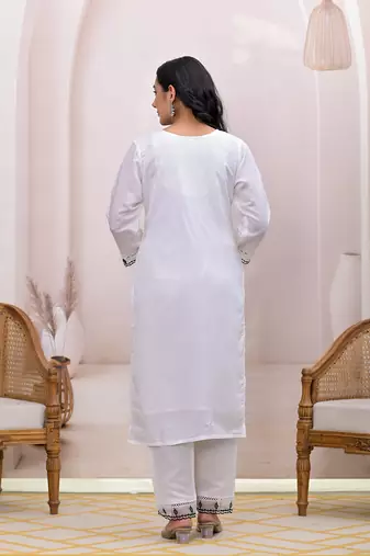  white embroidered silk blend straight kurta dupatta set