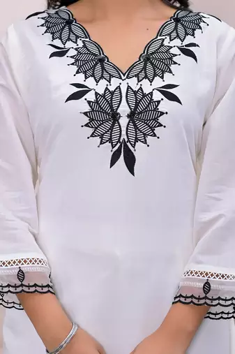  white embroidered silk blend straight kurta dupatta set