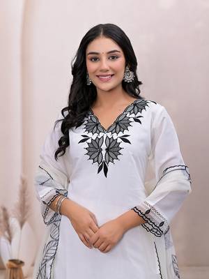  white embroidered silk blend straight kurta dupatta set 5