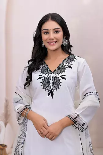  white embroidered silk blend straight kurta dupatta set