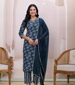  teal blue embroidered pure cotton straight kurta dupatta set