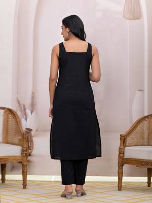 black pure cotton straight suit set 3