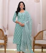 green floral cotton a-line suit set
