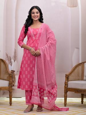  pink floral cotton a-line suit set 1