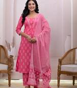  pink floral cotton a-line suit set