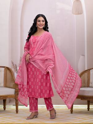 pink floral cotton a-line suit set 2