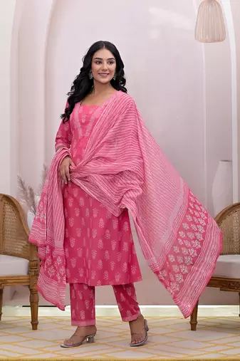  pink floral cotton a-line suit set