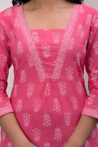  pink floral cotton a-line suit set