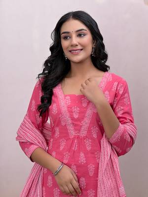  pink floral cotton a-line suit set 5