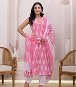  pink ikat print pure cotton a-line suit set