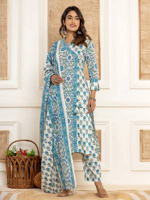  white printed cotton kurta dupatta set 1