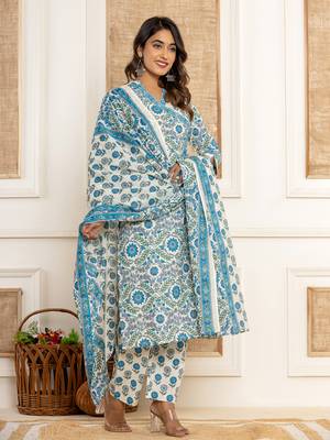  white printed cotton kurta dupatta set 2
