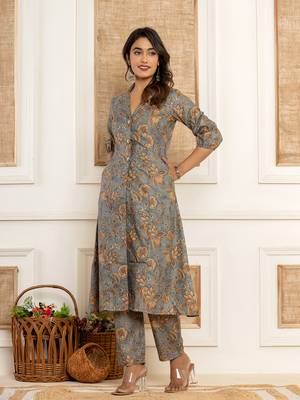 cotton grey kurta and trousers set 1