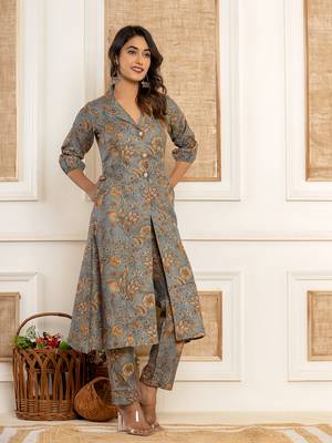 cotton grey kurta and trousers set 2