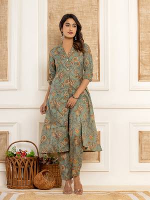 Yufta cotton sea green kurta and trousers set 1