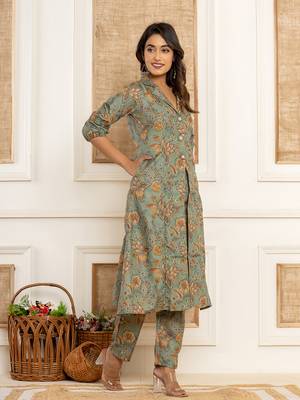 Yufta cotton sea green kurta and trousers set 2