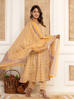 cotton mustard anarkali kurta dupatta set 1