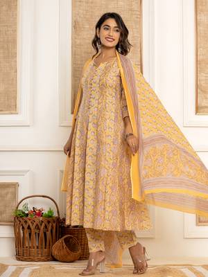 cotton mustard anarkali kurta dupatta set 2
