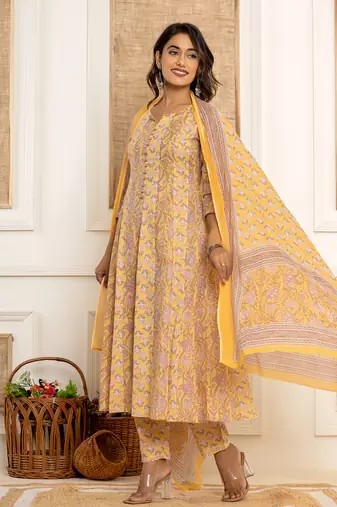 cotton mustard anarkali kurta dupatta set