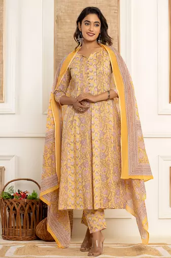 cotton mustard anarkali kurta dupatta set
