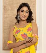  yellow floral print cotton a-line style kurta and trousers with dupatta set