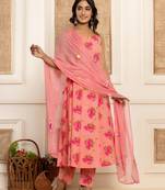  peach floral print cotton a-line style kurta and trousers with dupatta set