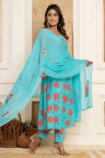  blue floral print cotton a-line style kurta and trousers with dupatta set