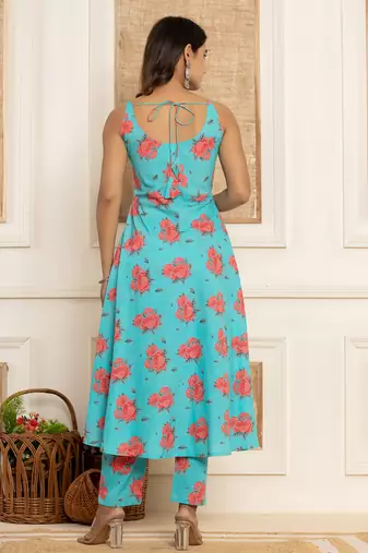  blue floral print cotton a-line style kurta and trousers with dupatta set