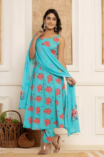  blue floral print cotton a-line style kurta and trousers with dupatta set
