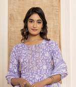  violet floral print anarkali style kurta and trousers with dupatta set