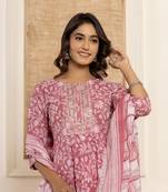 mauve floral print anarkali style kurta and trousers with dupatta set