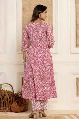  mauve floral print anarkali style kurta and trousers with dupatta set