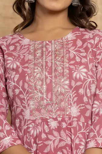  mauve floral print anarkali style kurta and trousers with dupatta set