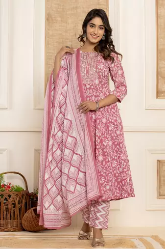  mauve floral print anarkali style kurta and trousers with dupatta set