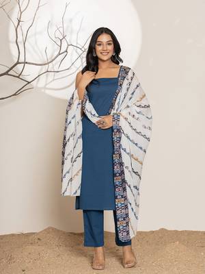  navy blue solid cotton straight kurta and trousers with dupatta set 1