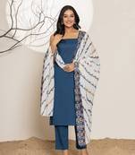  navy blue solid cotton straight kurta and trousers with dupatta set