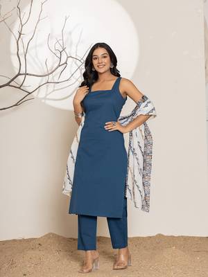  navy blue solid cotton straight kurta and trousers with dupatta set 2