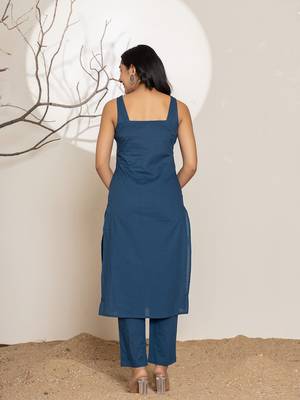  navy blue solid cotton straight kurta and trousers with dupatta set 3