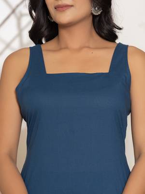  navy blue solid cotton straight kurta and trousers with dupatta set 4
