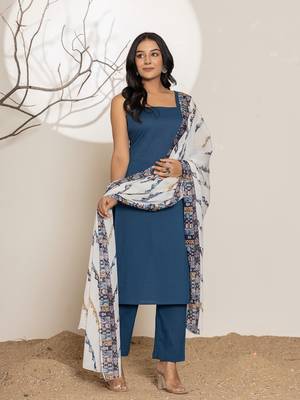  navy blue solid cotton straight kurta and trousers with dupatta set 5