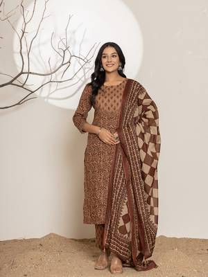  brown leaf print cotton straight suit set 1