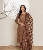  brown leaf print cotton straight suit set